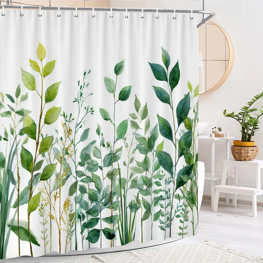 Green Plants And Leaves Tropical Leaf Shower Curtain, Bathroom Decorative Shower Curtain, Print Fabric Home Curtain With Hooks