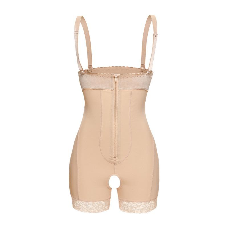 Adjustable Strap Front Zipper Lace Hem Tummy Control Hip Enhancer Shapewear Bodysuit