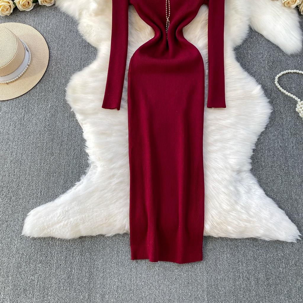 Autumn Spring Women Sexy Square Collar Luxury Beading Knitted Sweater Party Dress Long Midi Sheath Bodycon Sheath Dresses