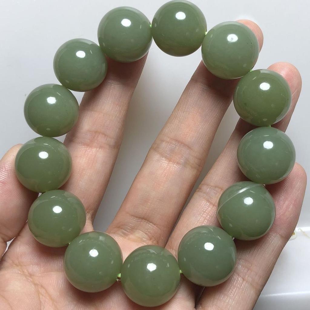 16MM Natural Light Green Hetian Jade Chalcedony Beaded Bracelet Unisex Women Chinese Gemstone Jewelry Gift