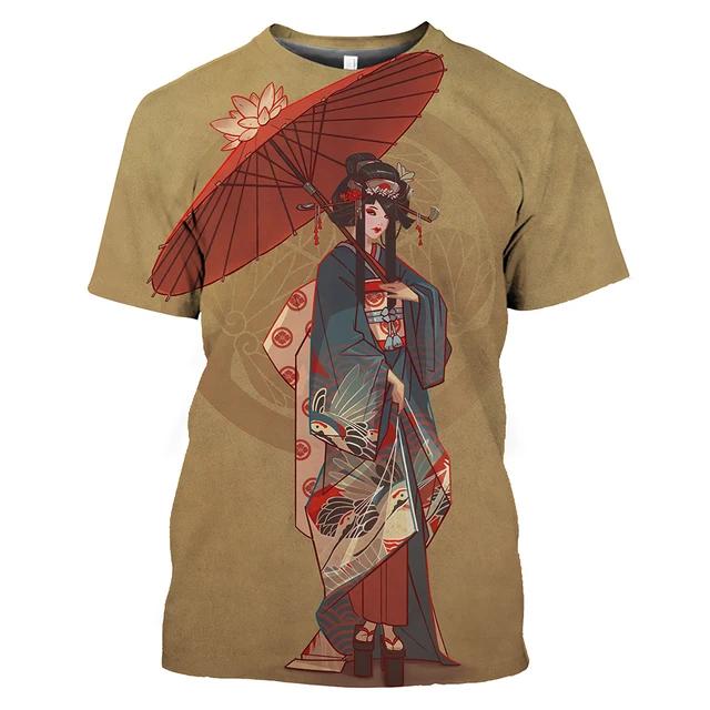 Summer Fashion Japanese Geisha Cool T Shirt Men Casual Fun Personality Harajuku Printed Round Neck Short Sleeve Streetwear Top