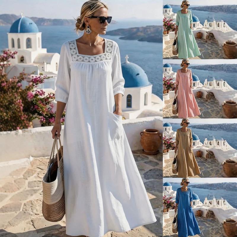 Casual Square Neck Three Quarter Sleeve Solid Color Womens Loose Long Maxi Dress