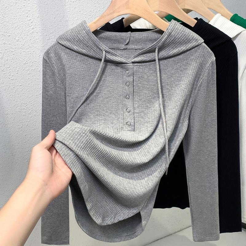 T-shirt Grigia con Cappuccio a Maniche Lunghe da Donna Nuova Slim-fit Maglia di Base Autunno e Inverno Giacca Versatile Top Casual Sottile