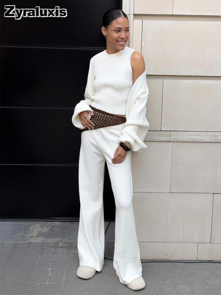 Three-piece Set, Autumn, Knitted Sweater with Loop Neck Camisole High-waisted Wide Leg Pants Suit