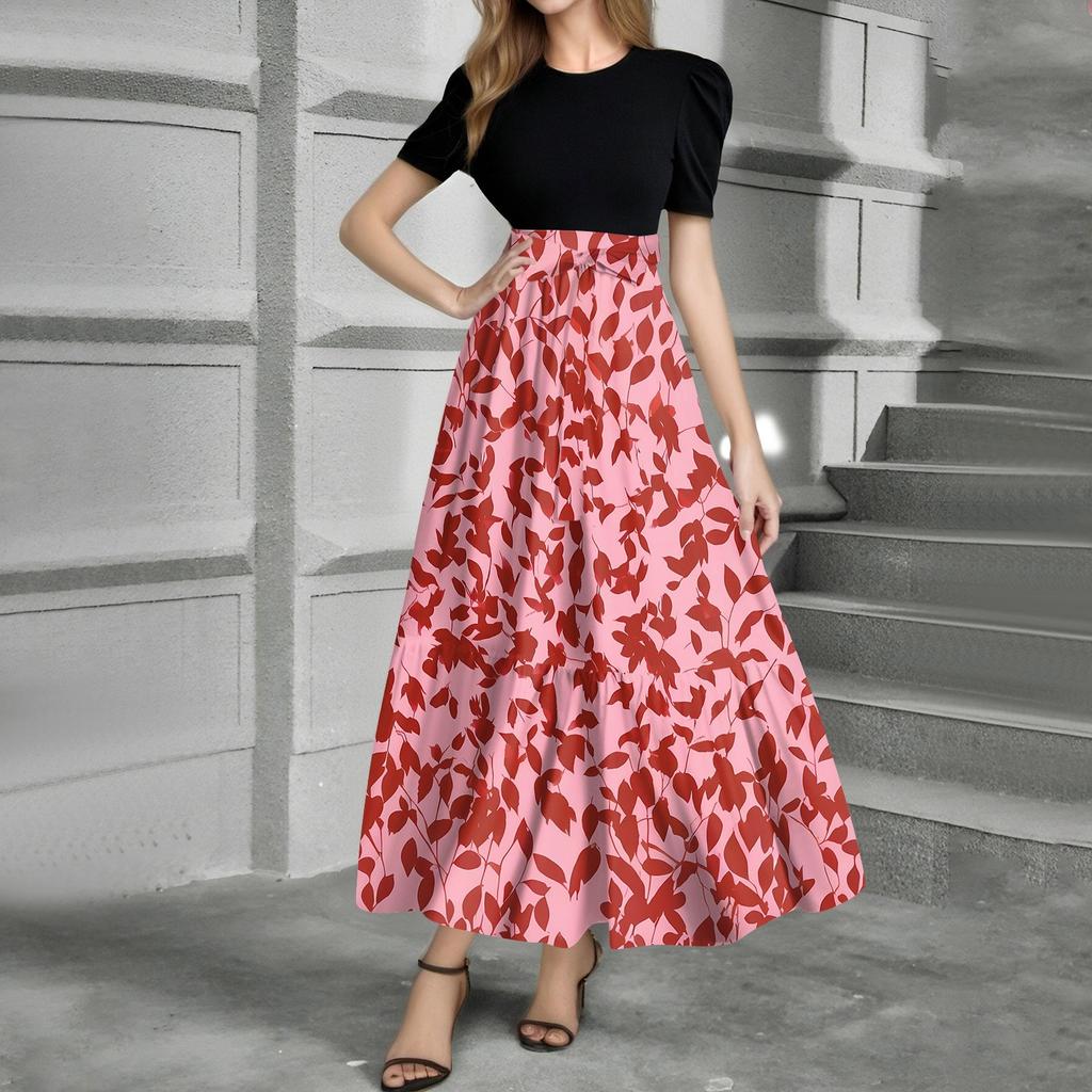 Women's Fashion Casual Belt Short Sleeve Round Neck Print Stitching Elegant Temperament Dress