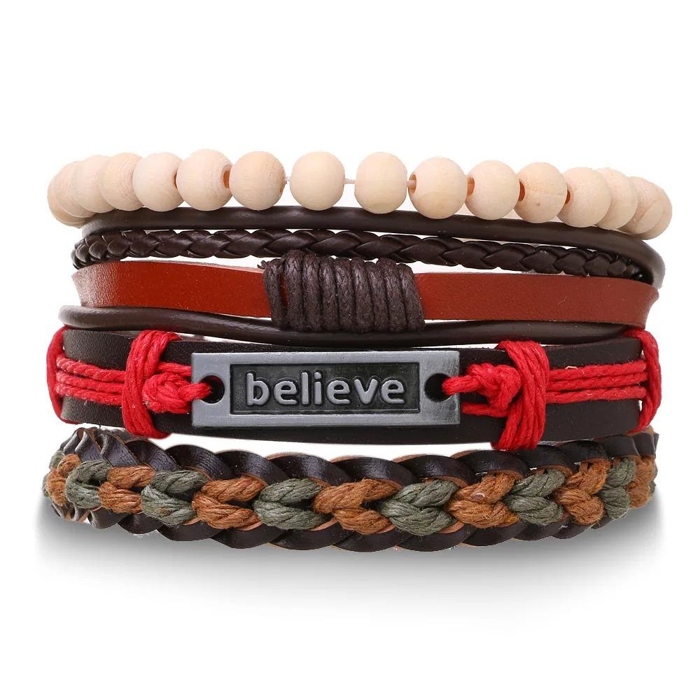 Braided Leather Bracelets for Men Vintage Life Tree Charm Wood Beads Ethnic Tribal Wristband Rope Bracelet Set