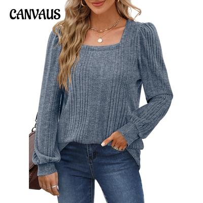 Autumn Women's Blouse Pit Stripes Square Neck Fashion Casual Long Sleeve Tops