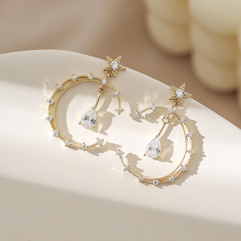 Shiny Moon Pendants Hanging Earrings for Women Water Drop Crystal Korean Fashion Hollow Geometry Drop Earrings new in 2024