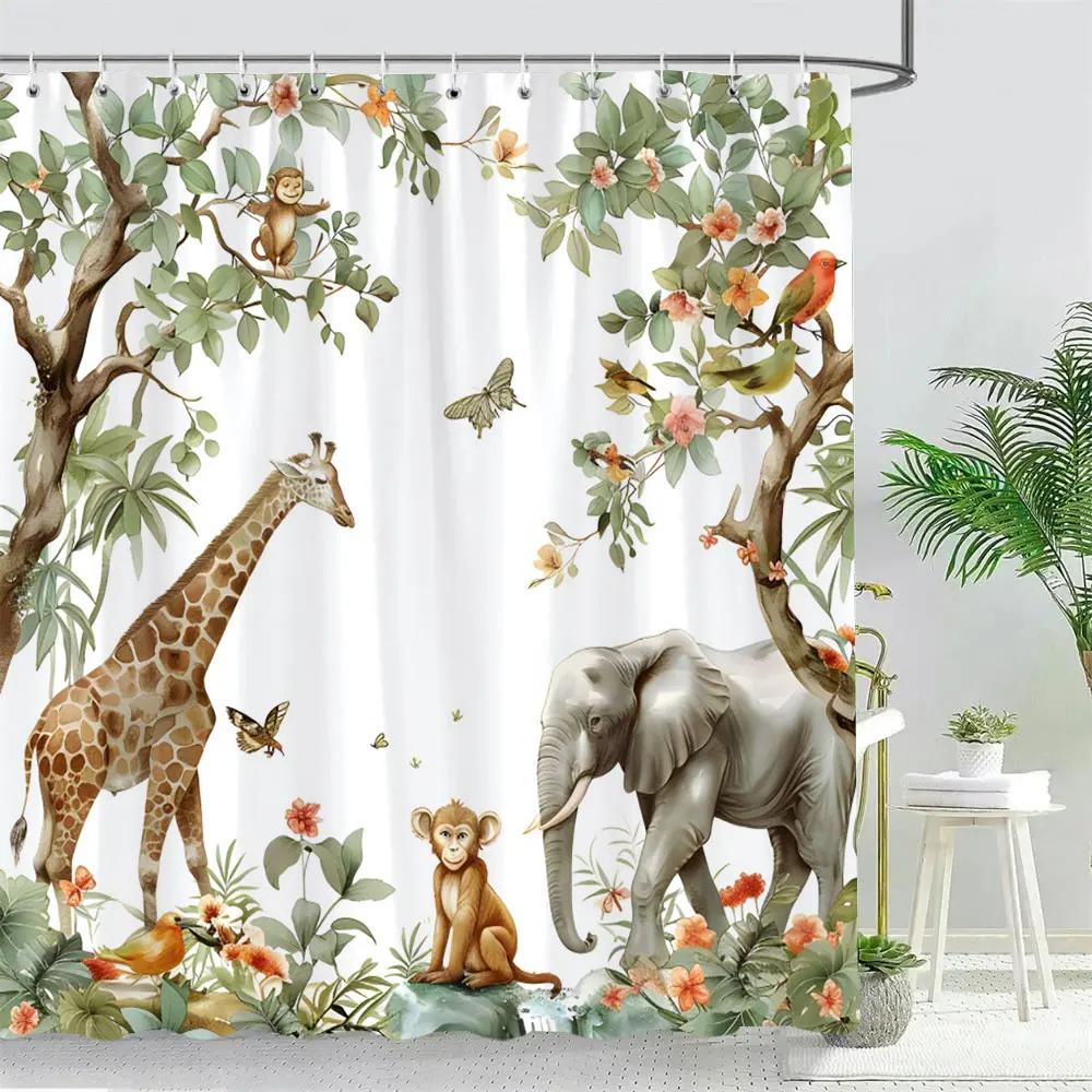 Funny Forest Animals Shower Curtain Elephant Giraffe Monkey Parrot Watercolour Art Creative Printed Bath Curtains Bathroom Decor