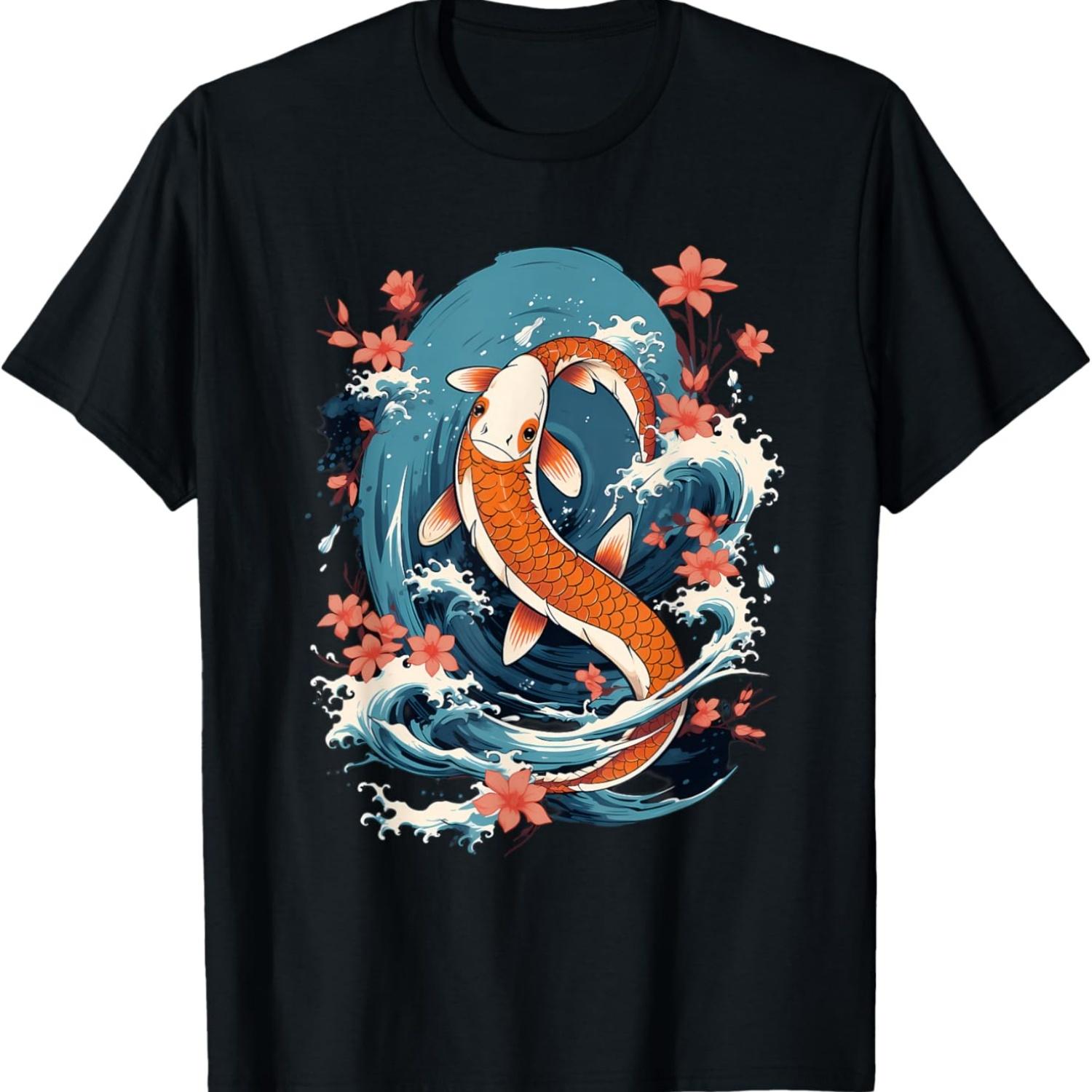 Koi Carp Ying Yang Nishikigoi Fish Cherry Blossom T-Shirt(79) S чёрный
