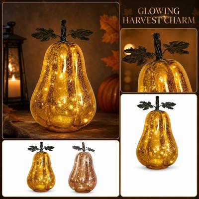 Glas Kürbis Licht Dekoration für Halloween Heim Atmosphäre Innen Tischdeko Akzent mit LED Lichtern und Metallblättern Design