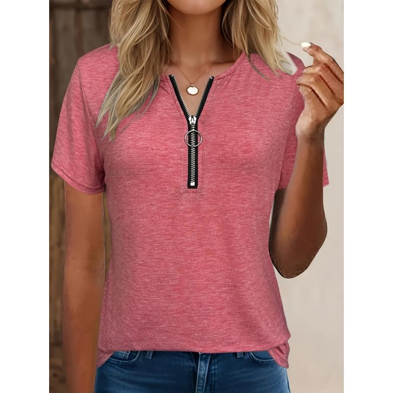 Women Elegant V-neck Zipper Detail Short Sleeved T-shirt for Spring, Summer, Autumn Casual Wear, Machine Washable