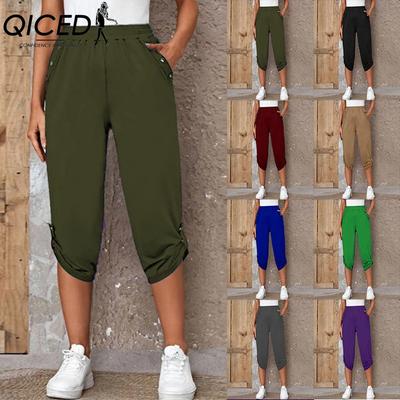 Women's Cropped Trousers with Pockets and Elastic Waist, Summer Buttons