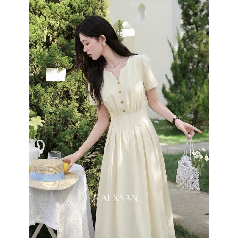 French V-Neck A-Line Summer Dress M абрикосовый