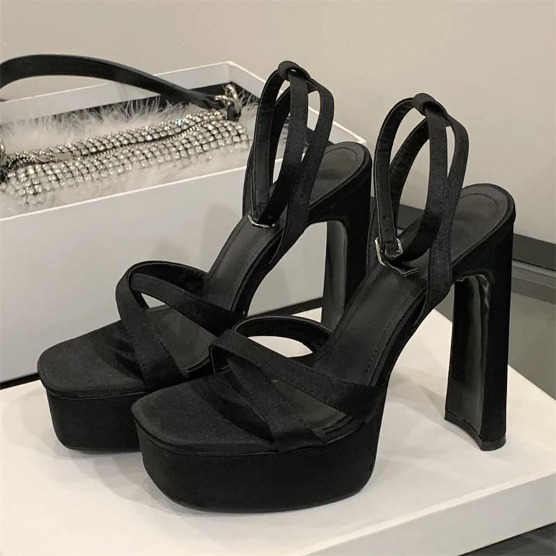 Fashion Eilyken Summer Extreme High Heels Square Toe Platform Sandals Women Fashion Narrow Band Buckle Strap Dress Party Shoes