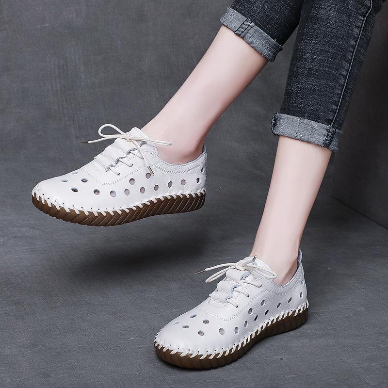 Fashion 2CM 2025 Summer Shoes Women Loafers Breathable Hollow Hole Genuine Cow Leather Flat Shoes Handmade Sewing Driving Loafers