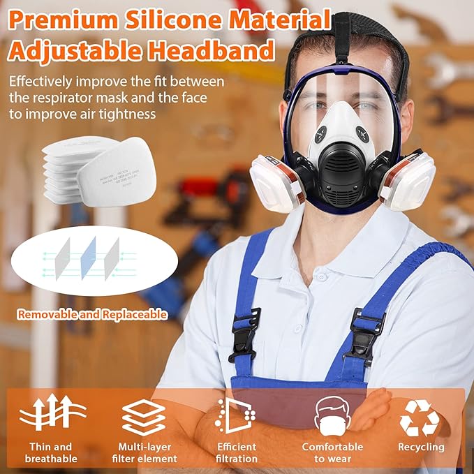 Full Face Respirator Mask with Filters, Anti-Fog Anti-Gas Anti-Dust Respirator, Gas Mask for Painting Spraying