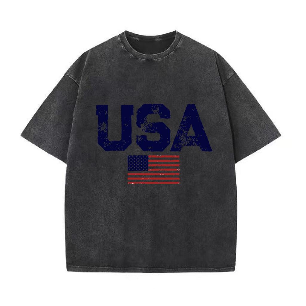 Usa Letters American Flag Stars And Stripes Mens Clothing Loose T-shirt Autumn Pullover T-shirt Retro Washed Vintage T-shirt
