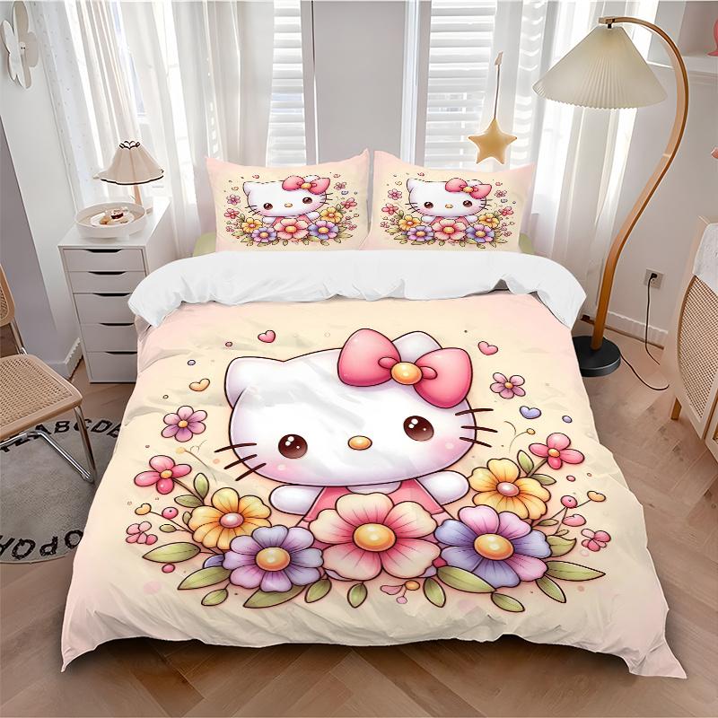 3pcs Cartoon Kitty In a Garden of Flowers Printed Quilt Set - Soft and Comfortable Quilt Cover for Bedroom, Guest Room H039