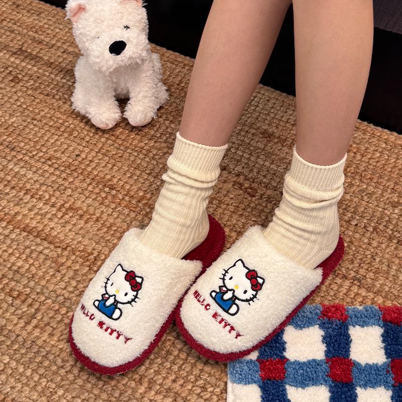 Genuine Sanrio Cartoon Furry Slippers - Women's Non-Slip Warm Winter Indoor Slippers with Plush Cotton and Velvet