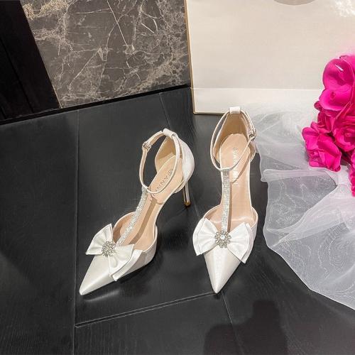 

Fashion White Satin Wedding Shoes Pointed Toe Hollow Out High Heels Rhinestone Bow 43