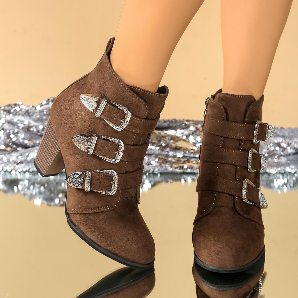 2025 Women Ankle Boots Buckle High Heels Pointed Toe Boots Autumn Winter Fashionable Versatile Casual Shoes Zapatos De Mujer