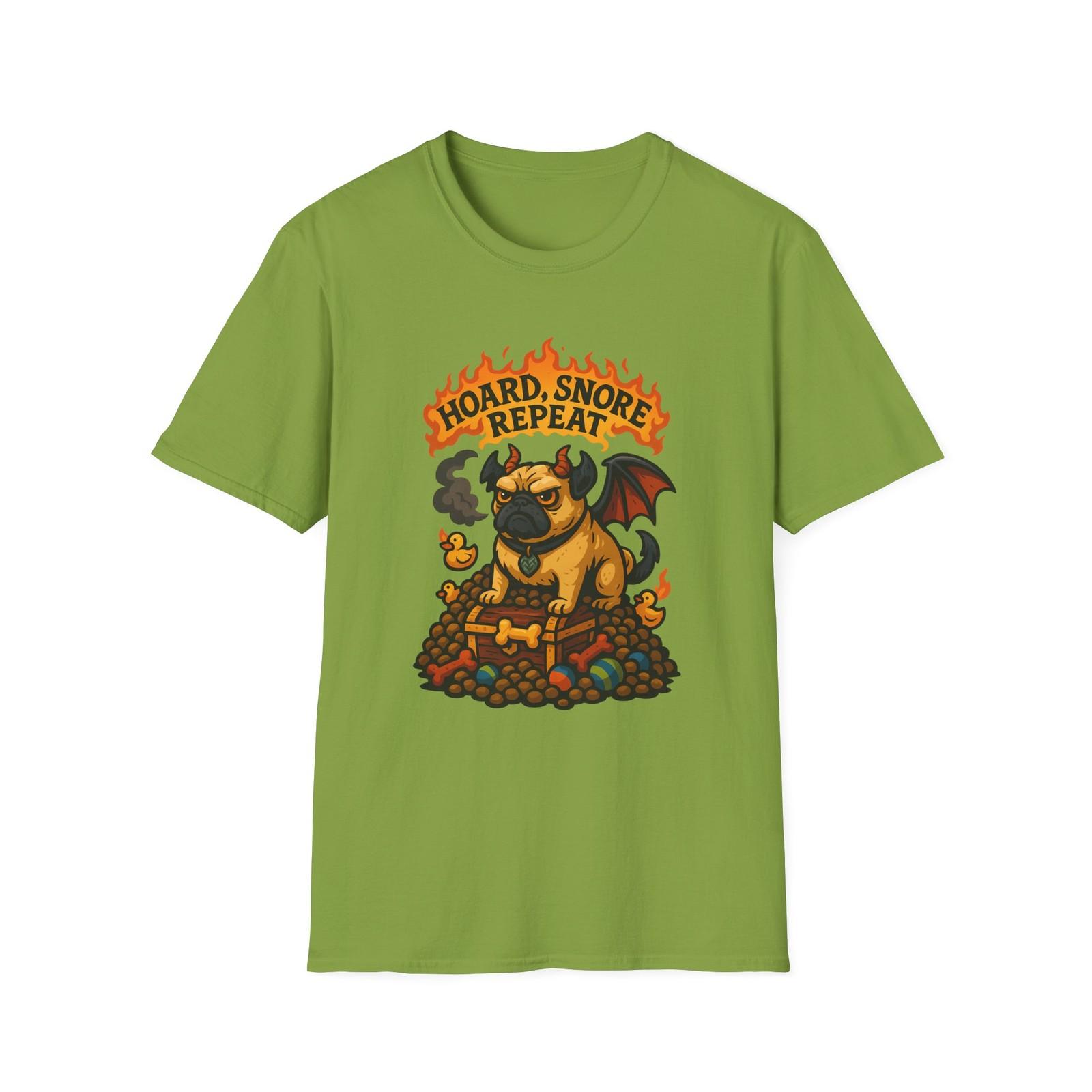 Unisex Softstyle T-Shirt Dragon Pug Guarding Treasure Fantasy Cartoon Design S