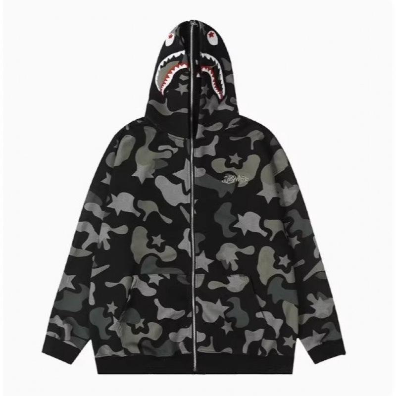 Bluza z kapturem na zamek High Street Camo Shark - Unisex, Styl BF, Długi rękaw z haftem ręcznikowym