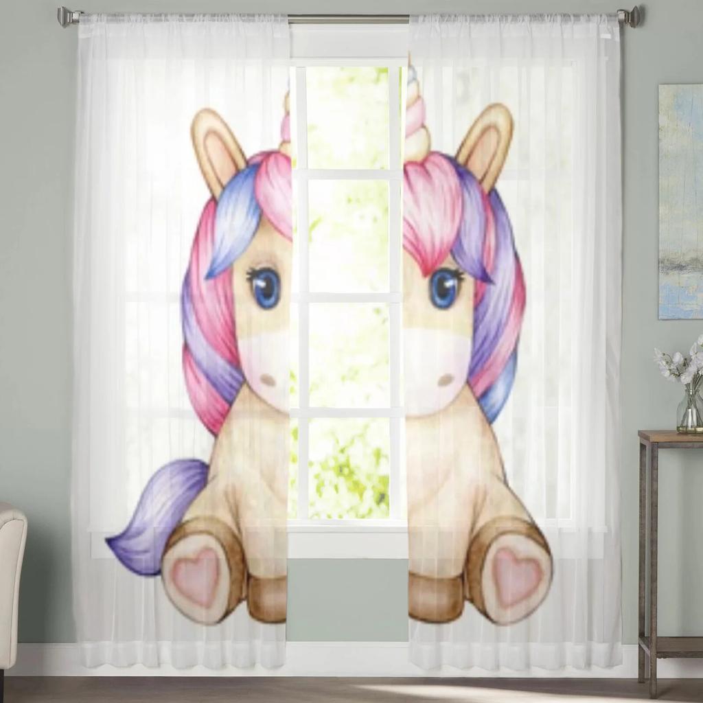 Cute Unicorn Cartoon Sheer Window Curtains For Living Room Bedroom Modern Voile Tulle Curtains Fabric Drapes For Kitchen