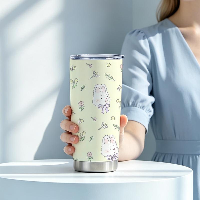 591ml Car Tumbler(1 Random Straw Included)Bow Bunny Floral MotifCommuter Cup Large Iced Cup Steel Straw Cup 591ml Car Tumbler