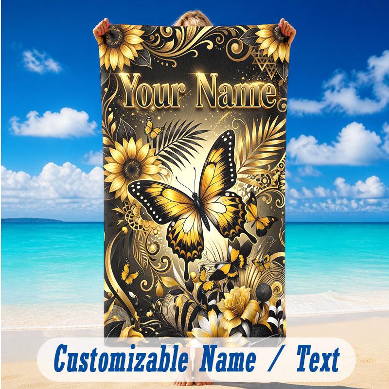 Butterfly Theme Beach Towel Personalized Custom Name & Text Soft Quick Dry Beach Towel for Swimming Travel