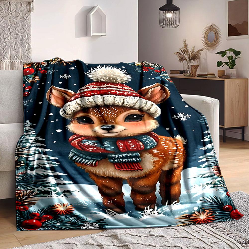 1pc Winter Christmas Deer Blanket, Lightweight Flannel Throw Blanket for Sofa, Bed, Travel, Camping, Living Room, Office, Couch012