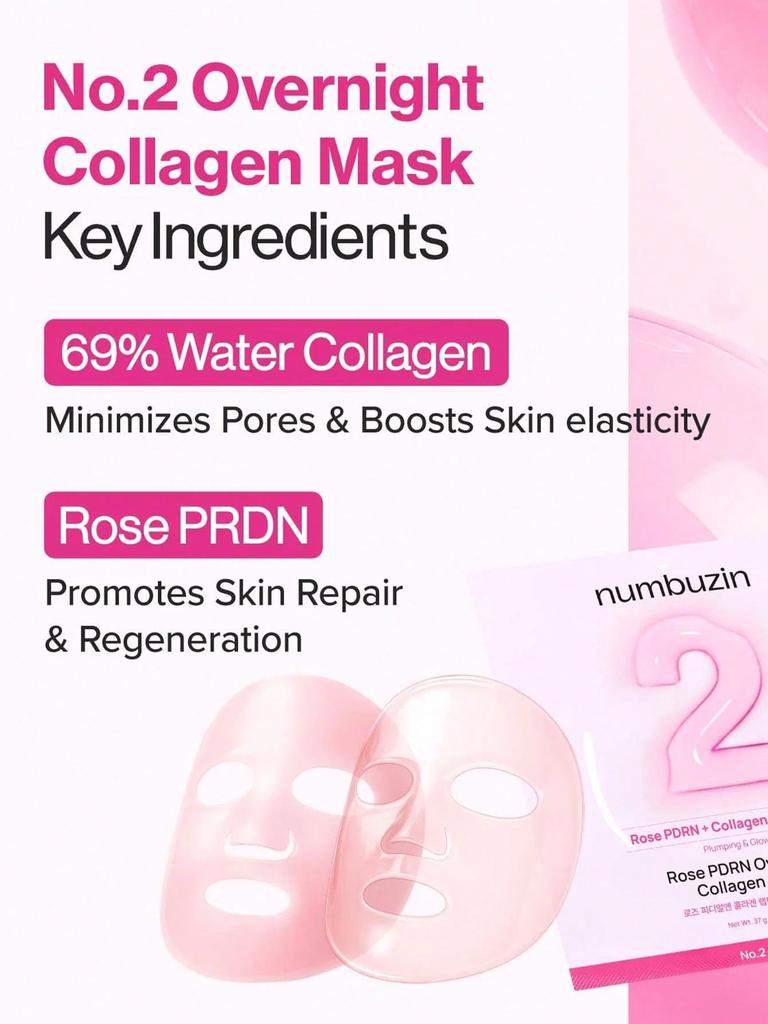 NUMBUZIN No. 2 Rose PDRN Collagen Wrapping Overnight Film Pack (5 Sheets), Hydrating Facial Mask, Rose Infused, 5 Sheets Per Pack, Korean Skincare