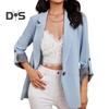 Women Suit Coat Lapel Roll-up Long Sleeve Solid Color Suit Jacket Single Button Loose Fit Spring Autumn Business Outerwear