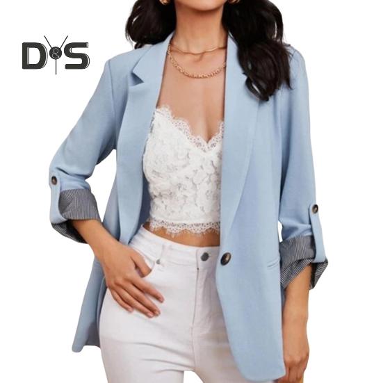 Women Suit Coat Lapel Roll-up Long Sleeve Solid Color Suit Jacket Single Button Loose Fit Spring Autumn Business Outerwear