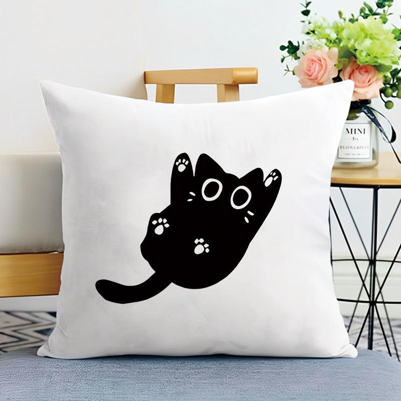 Cartoon Black Cat Print Decorative Pillowcase Bedroom Living Room Square Cushion Pillowcase