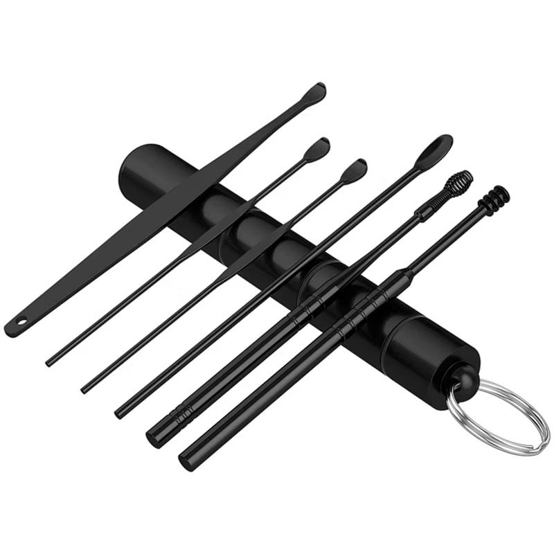 6Pcs Stainless Steel Ear Pick Set with Spiral Hook & Spoon Tip, Portable Aluminum Tube for Adult & Child Ear Cleaning чёрный