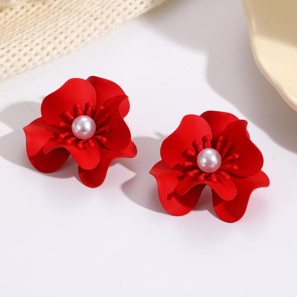 Fashion Trend Versatile Flower Earrings Double Petal Earrings Stems Pearl Color Spray Paint Earrings