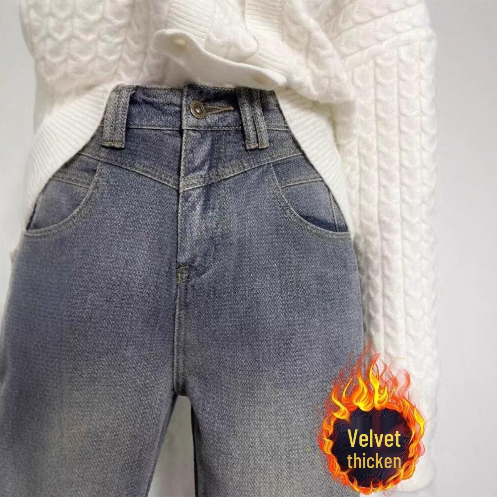 Women's Retro High-Waist Wide Leg Jeans - Winter Plus Size Straight Leg Floor-Length Pants