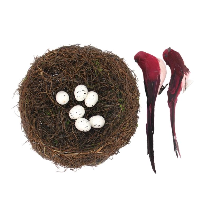 Realistic Artificial Woven Bird Nest Basket With Foam Chick Figure And Eggs Indoor Outdoor Easter Celebration Decoration