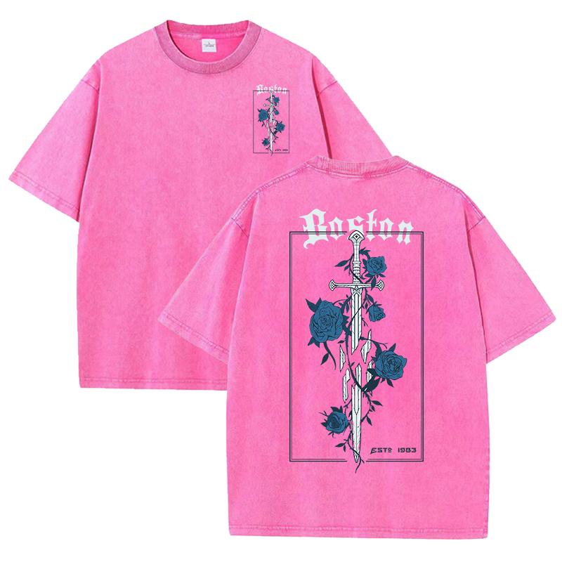 Rose And Sword Printed Washed neutral wear summer multi-color round-neck T-shirts, pure cotton clothing for both Women