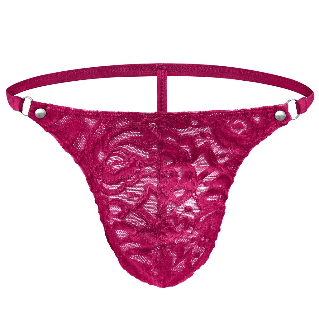 Men Lace Floral G-String Thong See Through T-Back Panties Breathable Mesh Sissy Lingerie With Metal Circular Waistband Underpant