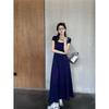 Fashion and Foreign Style Spice Girl Square Neck Short-sleeved Dress Women's Summer New Slim and Thin Solid Color a Word Medium and Long Skirt