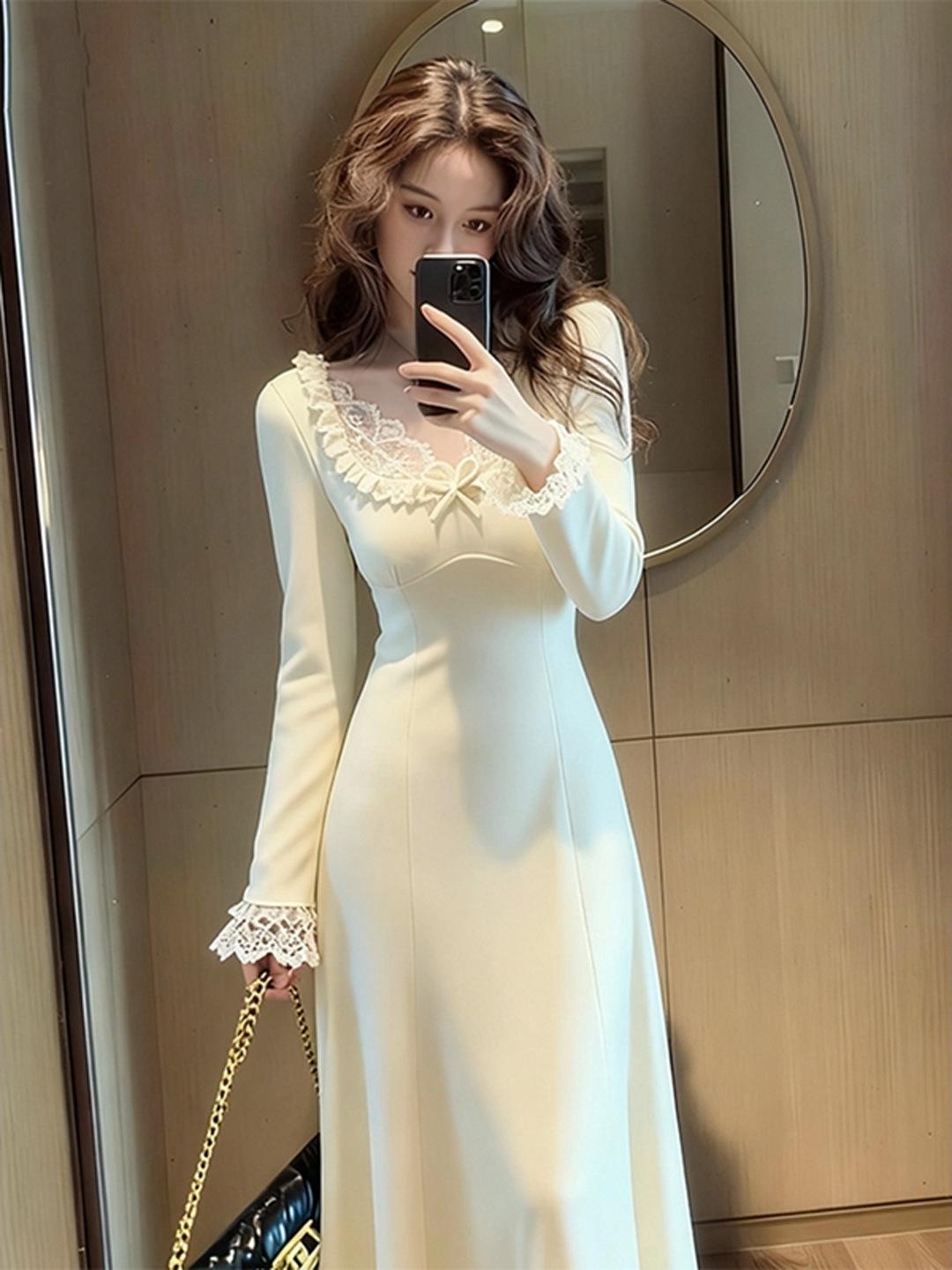 French Lace Knit Ballet-Inspired Slim Dress for Women - Early Autumn Noble Style M