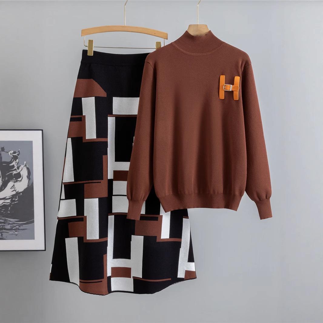 

Women s Color-block Knit Sweater & Midi Skirt Set One Size