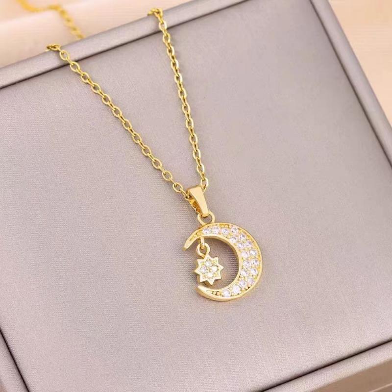 1 Stück Stern und Mond mit Zirkonia Kupfer Anhänger Halskette Mädchen Stil Geschenk Schmuck