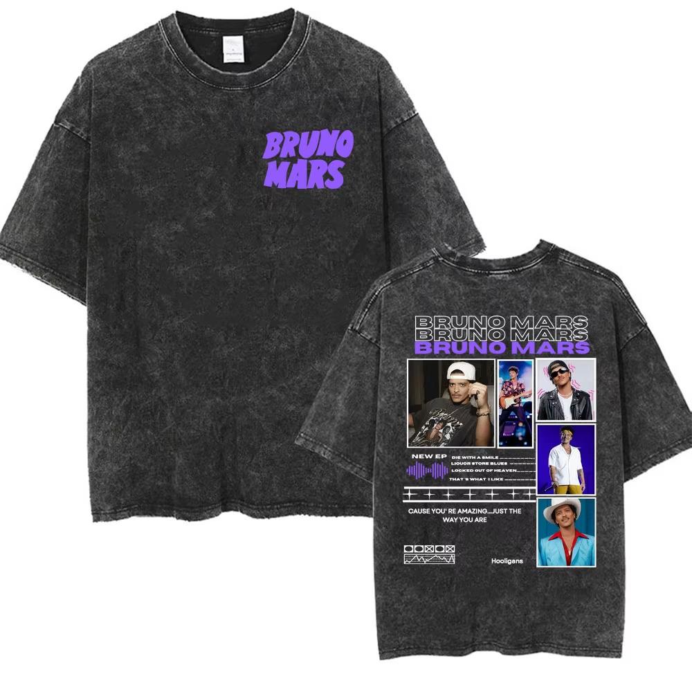 Bruno Mars The Romantic Tour 2026 Vintage Gewassen T-shirt Mannen Vrouwen Mode Hip Hop Pop Muziek T-shirt Zomer Casual Katoenen T-shirt