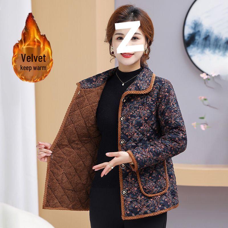 Women's Winter Floral Fleece-Lined Jacket - Thick Cotton Coat for Middle-Aged and Elderly, Long-Sleeved Cold Protection.