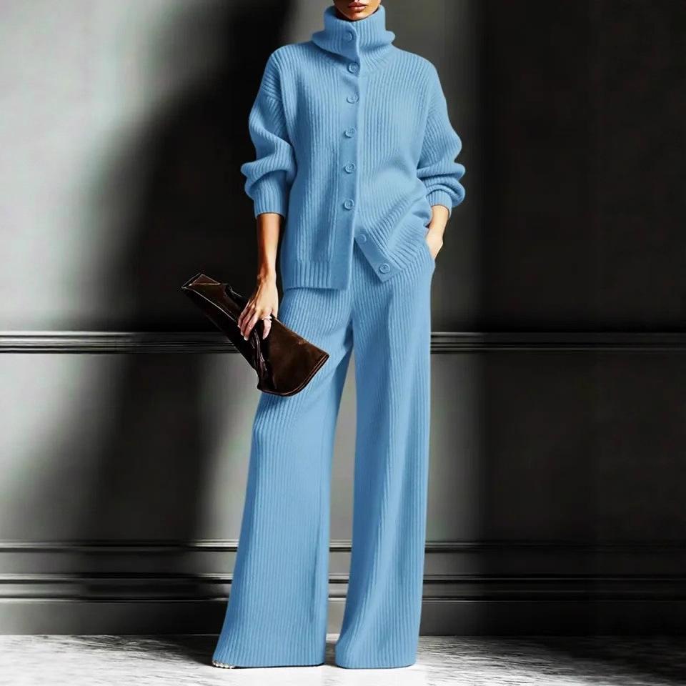 2025 European American Fashion Women's Autumn Winter High Neck Knit Wide-Leg Suit