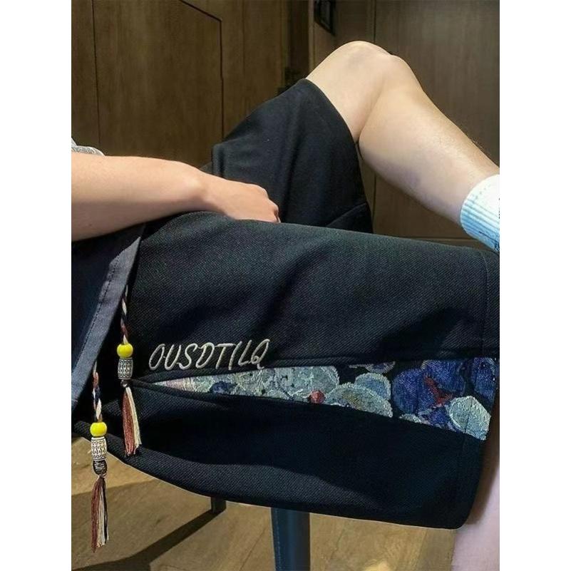 Shorts Men's Summer Tide Brand Ruffian Handsome Stitching Embroidery Sports Pants Large Size Loose Straight Casual Five-point Pants